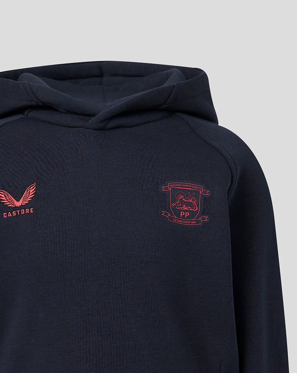 Navy hoodie with red branding on a light gray background