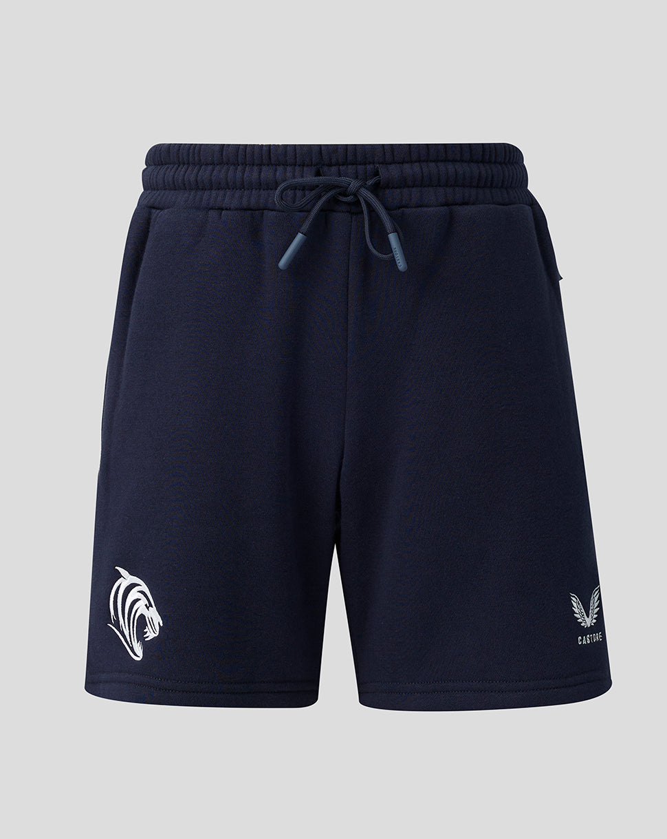 Front view of navy Leicester Tigers travel shorts with a drawstring waist and white logos on the legs.