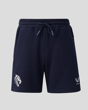 Front view of navy Leicester Tigers travel shorts with a drawstring waist and white logos on the legs.