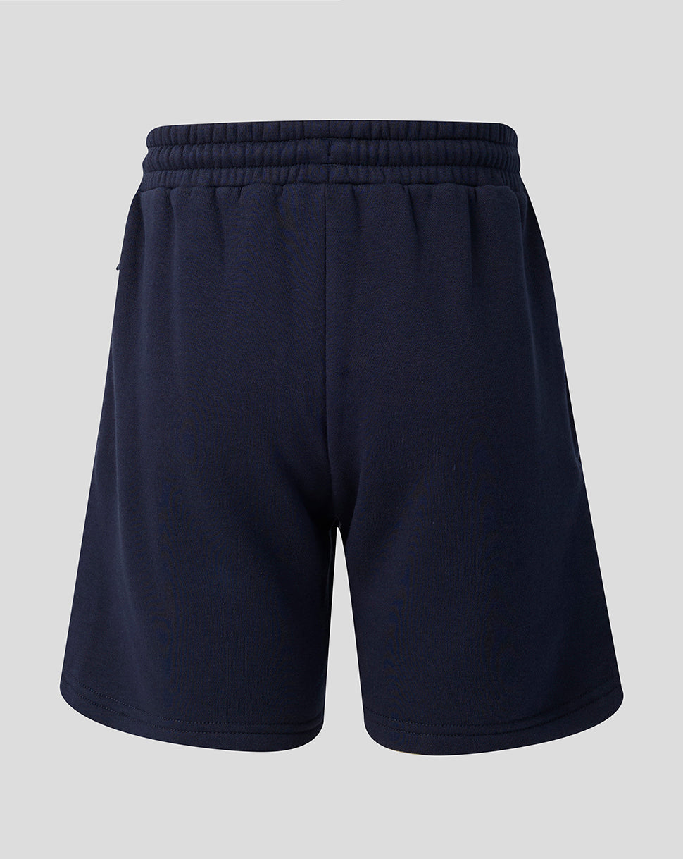 Back view of navy Leicester Tigers travel shorts showing the elastic waistband and smooth silhouette.