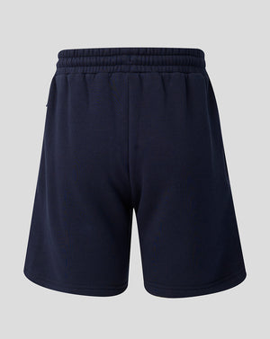 Back view of navy Leicester Tigers travel shorts showing the elastic waistband and smooth silhouette.
