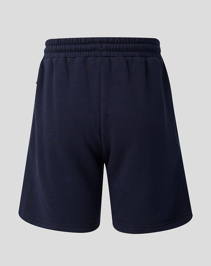 Back view of navy Leicester Tigers travel shorts showing the elastic waistband and smooth silhouette.
