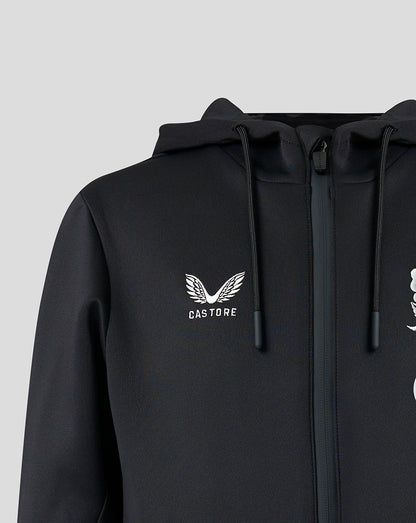 Black hoodie with a white logo on the chest against a light gray background