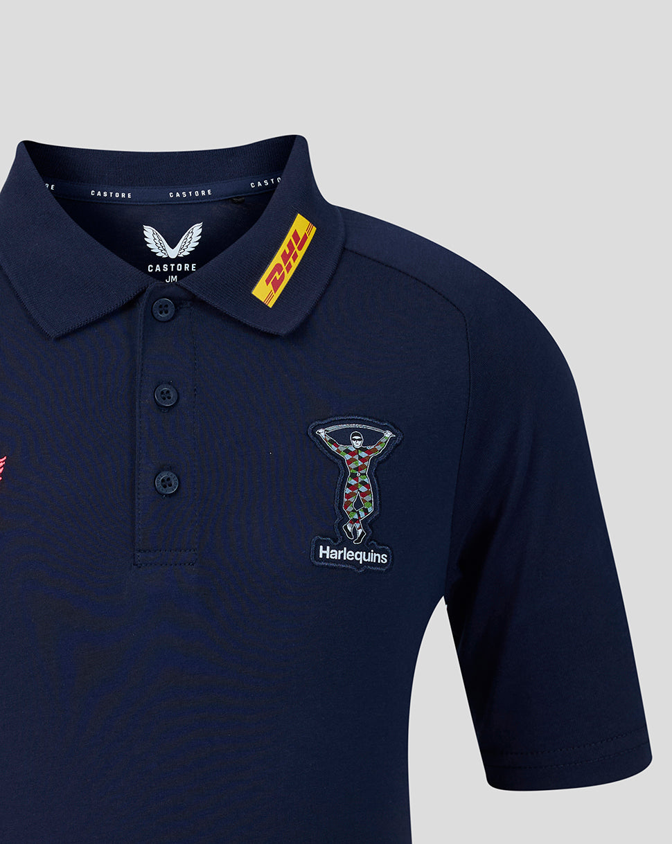 Navy blue polo shirt with Harlequins logo and DHL label on a light gray background