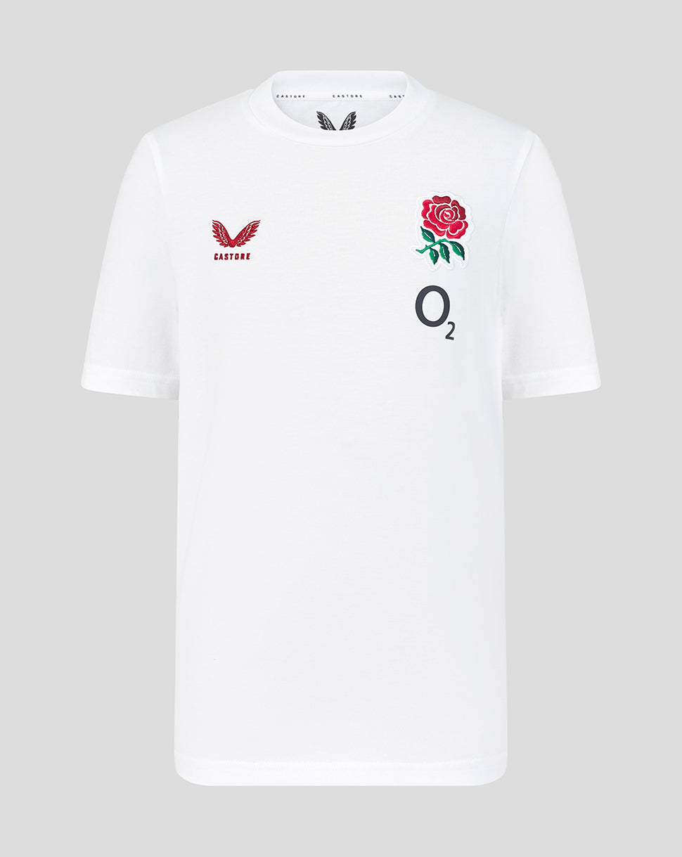 White t-shirt with rugby team logos and branding on a gray background
