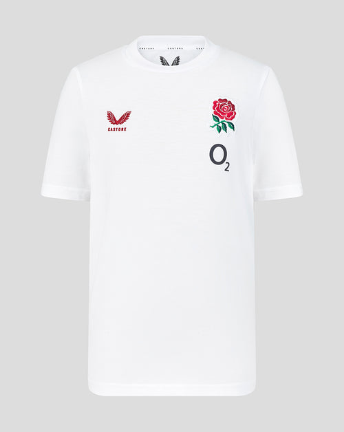 White t-shirt with rugby team logos and branding on a gray background
