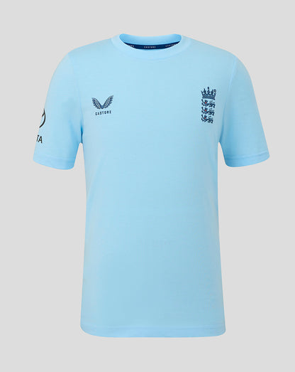 Light blue t-shirt with logos on a light gray background
