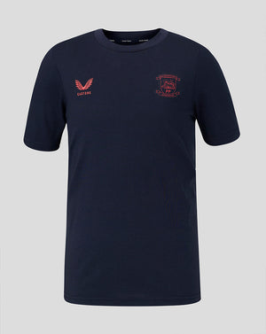 Navy blue t-shirt with red logos on a gray background