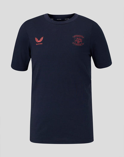 Navy blue t-shirt with red logos on a gray background