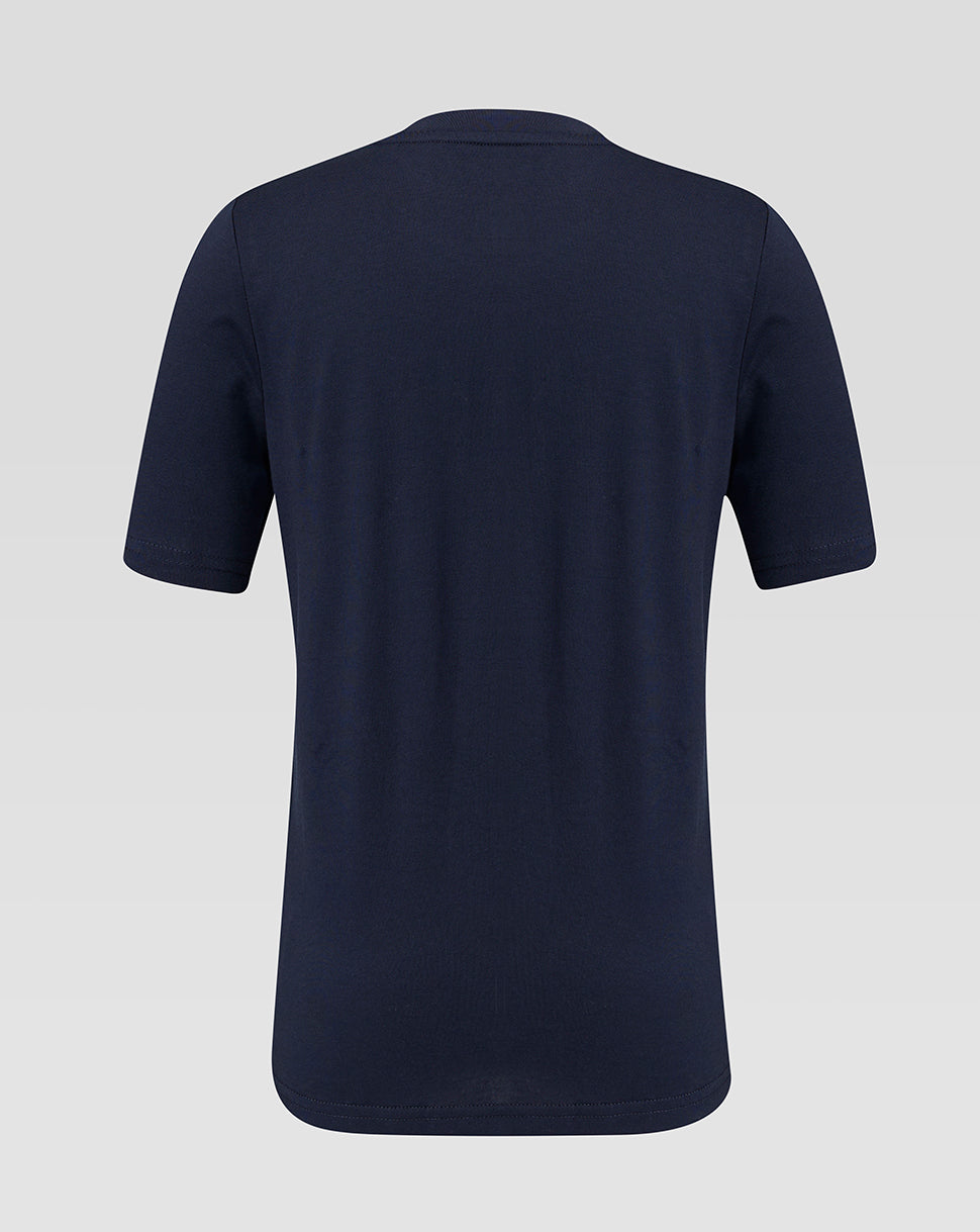 Navy blue t-shirt on a light gray background