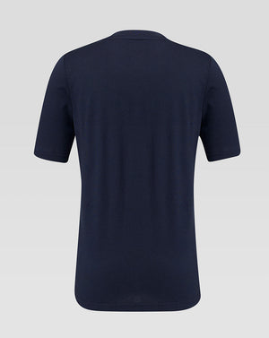 Navy blue t-shirt on a light gray background