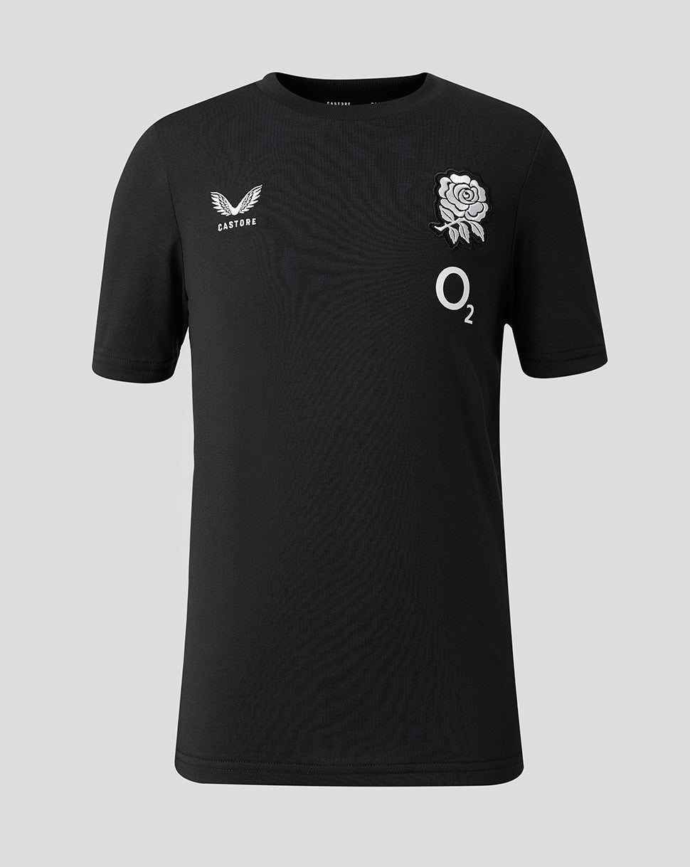 Black sports jersey with logos on a gray background
