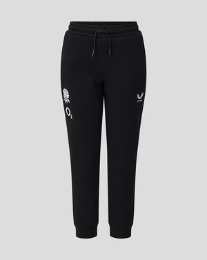 Black jogger pants with white logos on a light gray background