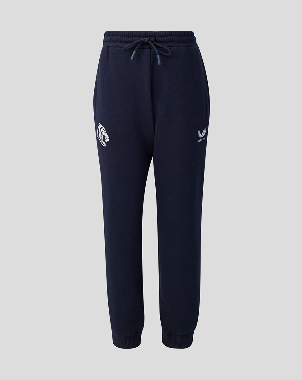 Navy Leicester Tigers travel joggers with a tiger head emblem on the left thigh and a small club logo on the right leg.
