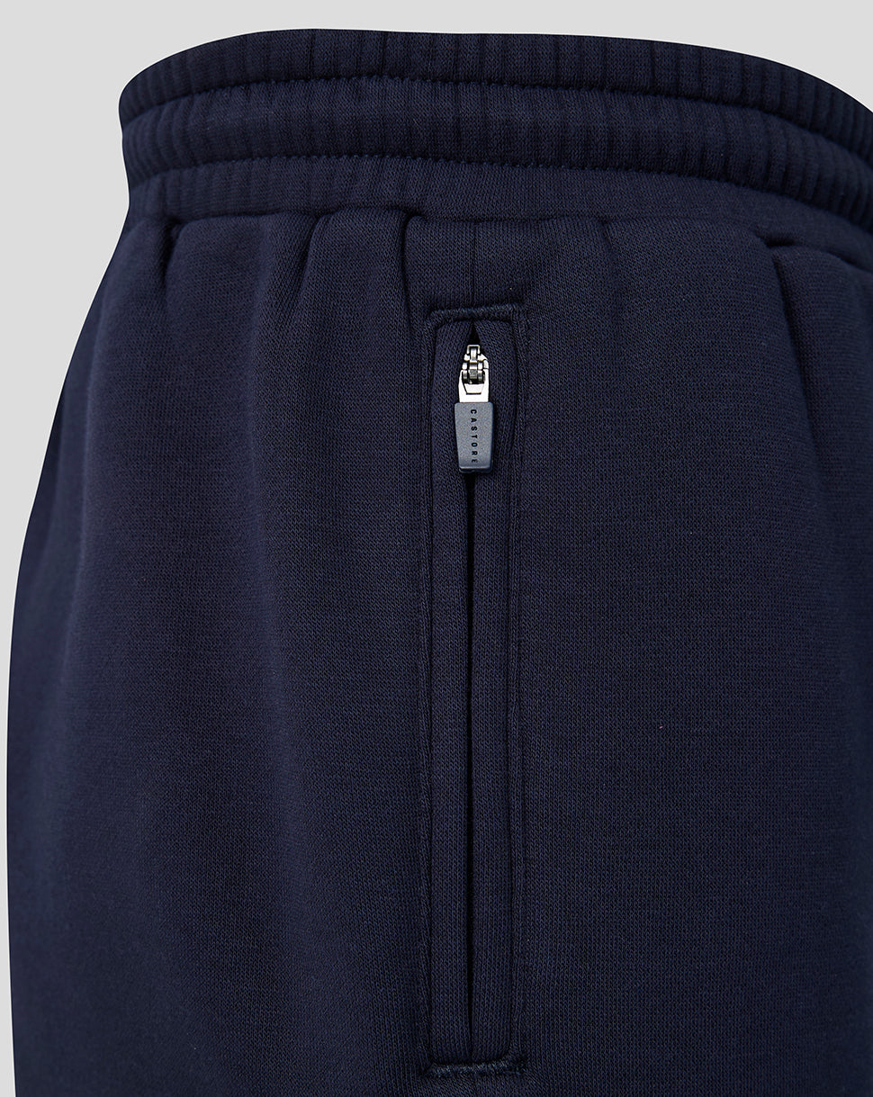 Close up of the side zip pocket on navy joggers with a Castore zipper pull.