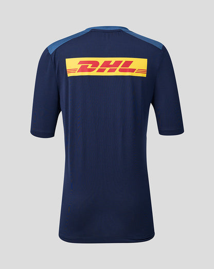 Navy blue sports jersey with DHL logo on a gray background