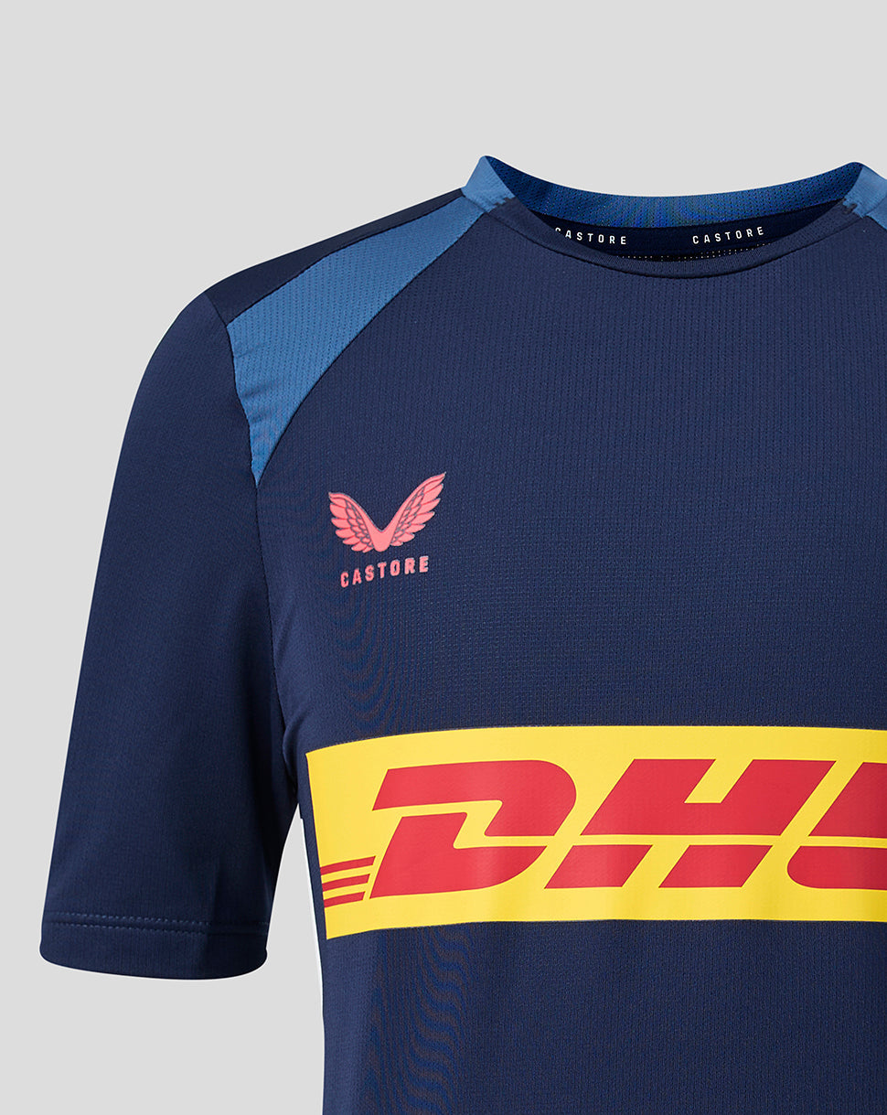 Navy blue sports jersey with pink logo and DHL branding on a light gray background