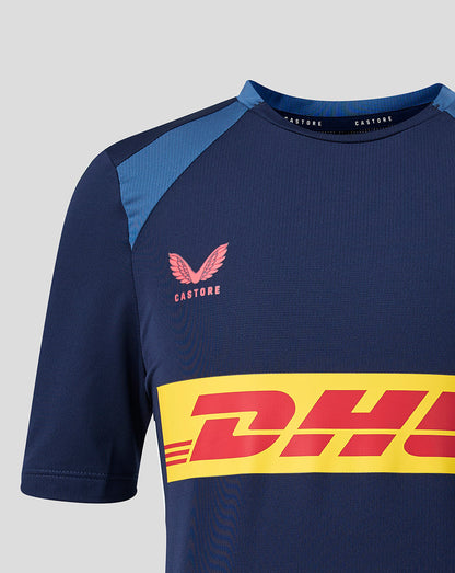 Navy blue sports jersey with pink logo and DHL branding on a light gray background