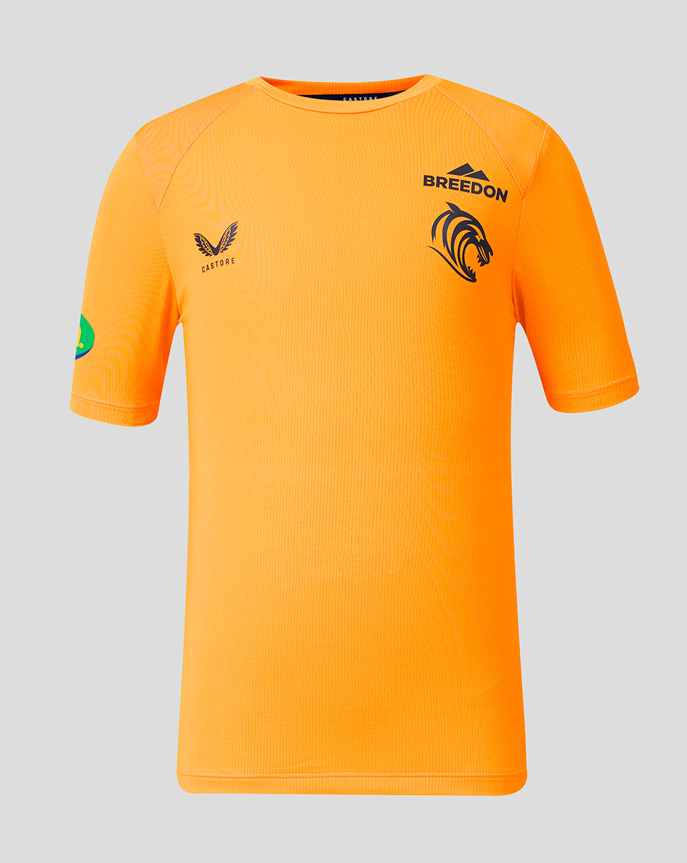 Front view of bright orange Leicester Tigers training T-shirt with Breedon and Castore logos
