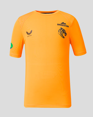 Front view of bright orange Leicester Tigers training T-shirt with Breedon and Castore logos