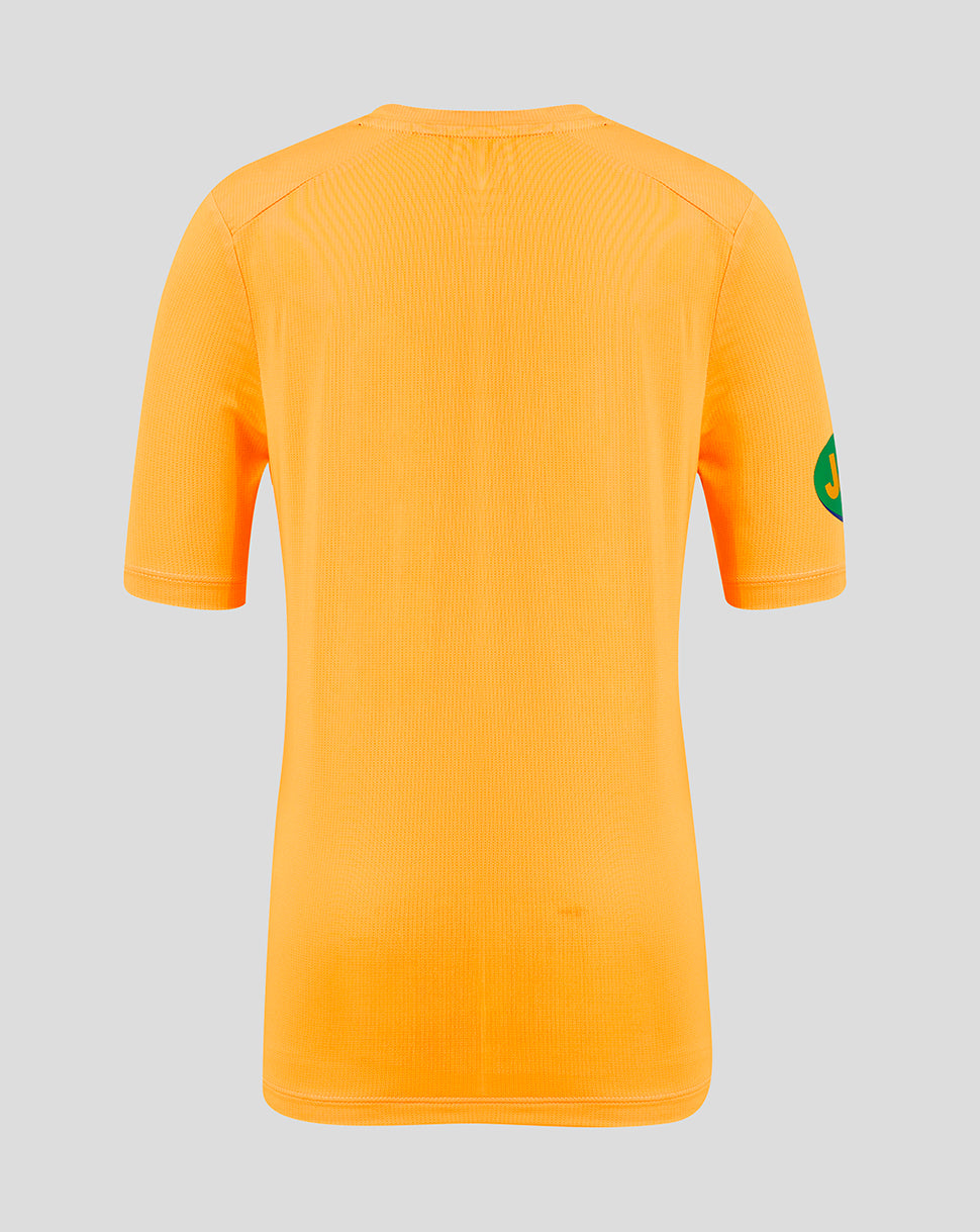 Back view of bright orange Leicester Tigers junior training T shirt.