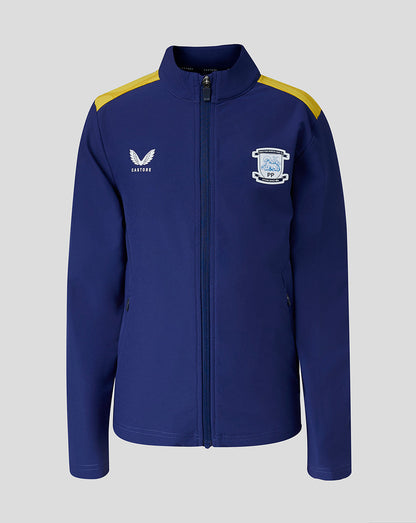 Blue jacket with logos on a gray background