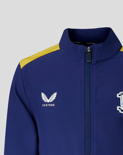 Blue jacket with yellow accents and visible branding on a gray background