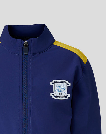 Navy blue jacket with a logo on the chest against a light gray background