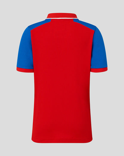 Red polo shirt with blue sleeves on a gray background