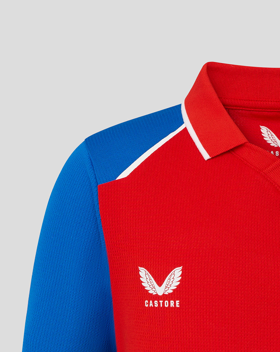 Red and blue sports jersey with a visible brand logo on a light gray background