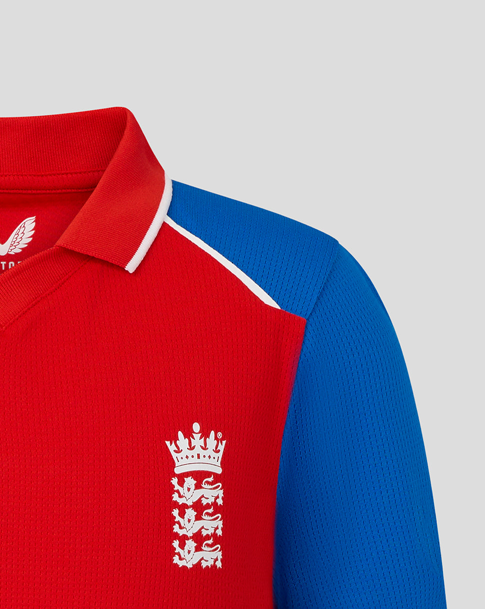 Red and blue sports jersey with a logo on a light gray background
