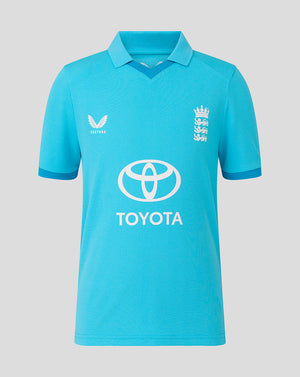 Blue cricket jersey with Toyota logo on a gray background