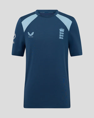 Navy blue sports jersey with light blue accents on a gray background