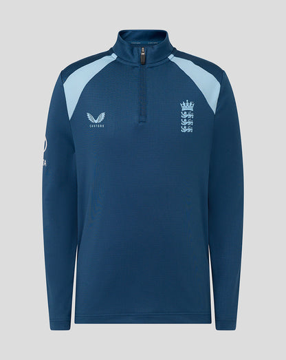 Navy long-sleeve sports top with light blue accents on a gray background
