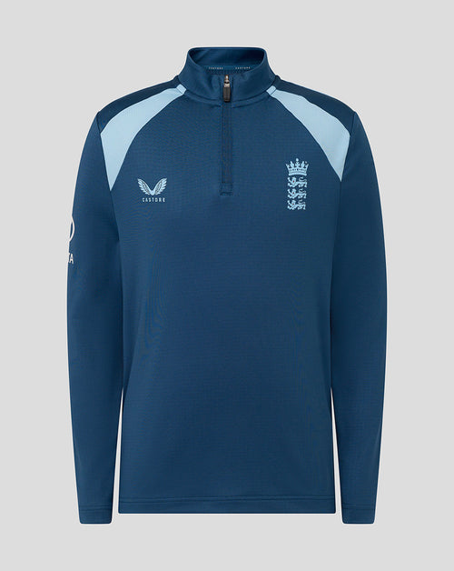 Navy long-sleeve sports top with light blue accents on a gray background