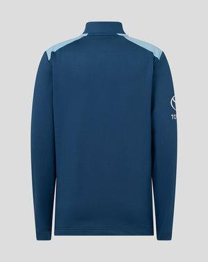 Blue long-sleeve shirt with white accents on a gray background
