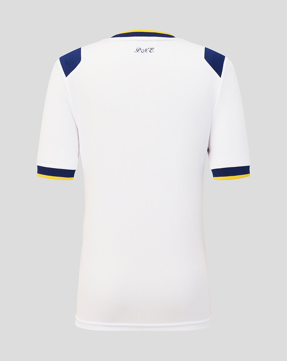 White sports jersey with blue and yellow accents on a light gray background