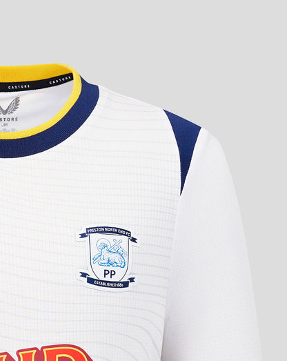 White long-sleeve shirt with blue and yellow accents featuring a logo on a gray background