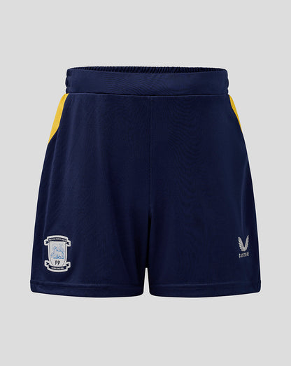 Navy shorts with yellow accents on a light gray background