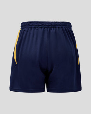 Navy blue shorts with yellow accents on a light gray background