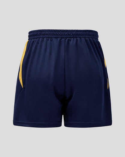 Navy blue shorts with yellow accents on a light gray background