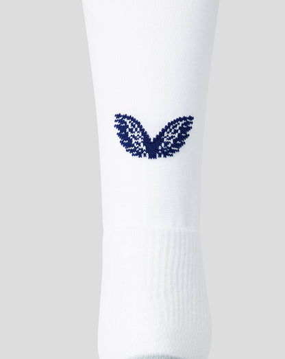 White sock with a blue logo on a light gray background