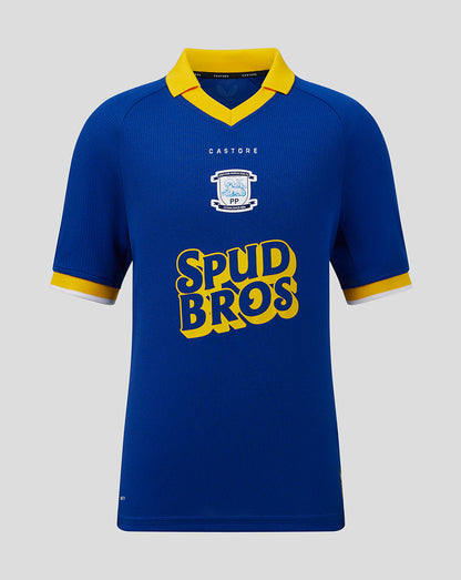 Blue sports jersey with yellow accents and 'Spud Bros' branding on a gray background