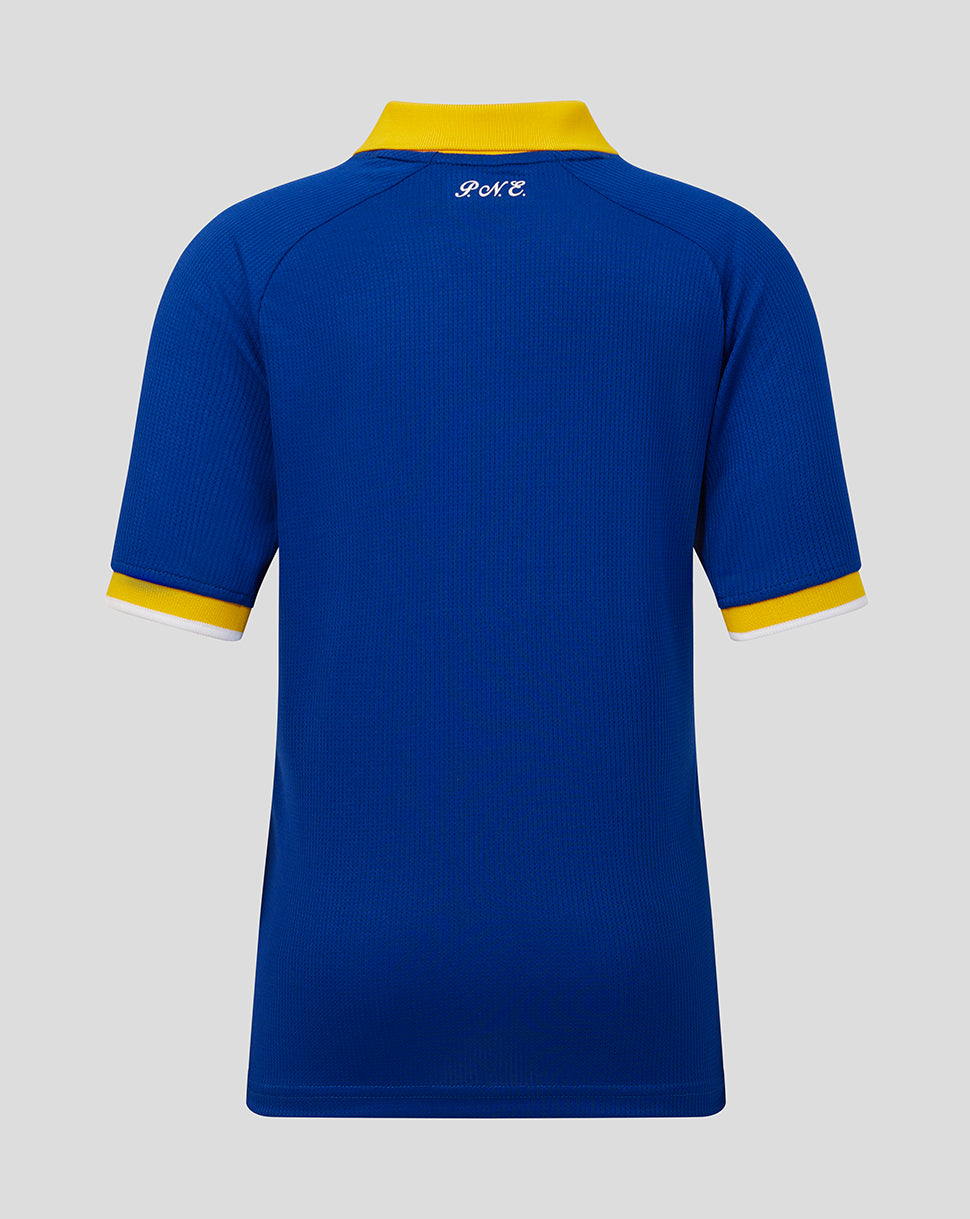 Blue sports jersey with yellow accents on a gray background