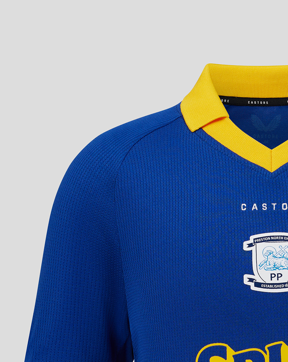 Blue sports jersey with yellow collar on a gray background