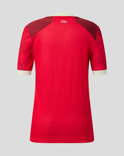 A red short-sleeve athletic jersey shown from the back, featuring dark red shoulder panels and white cuffs, with the brand name 'Cha' printed in white near the neckline.