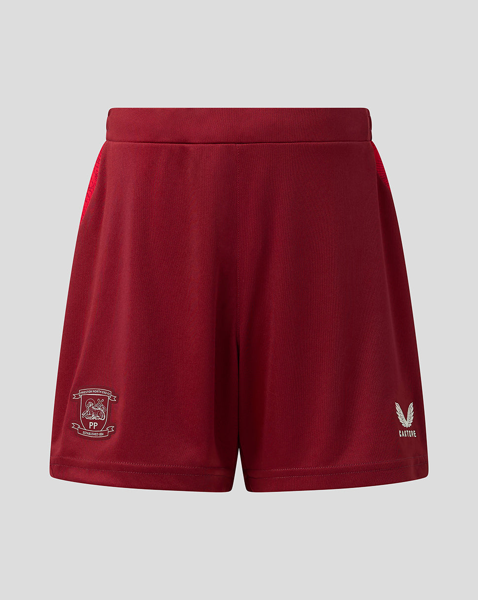A pair of maroon athletic shorts with a white Vuitton logo on the left leg and a club crest on the right leg, displayed against a neutral gray background.