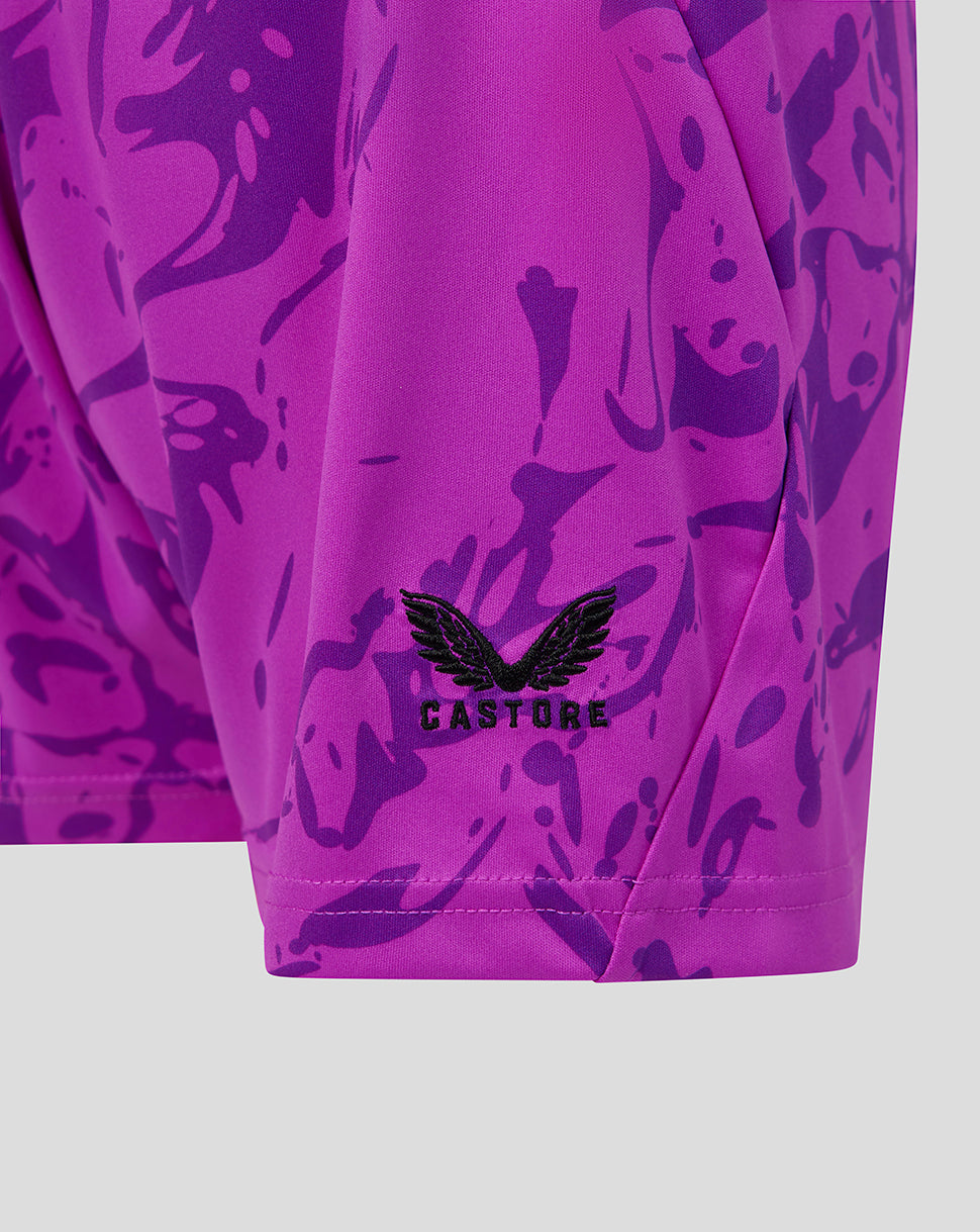 Purple shorts with a black pattern and 'CASTORE' logo on a light gray background