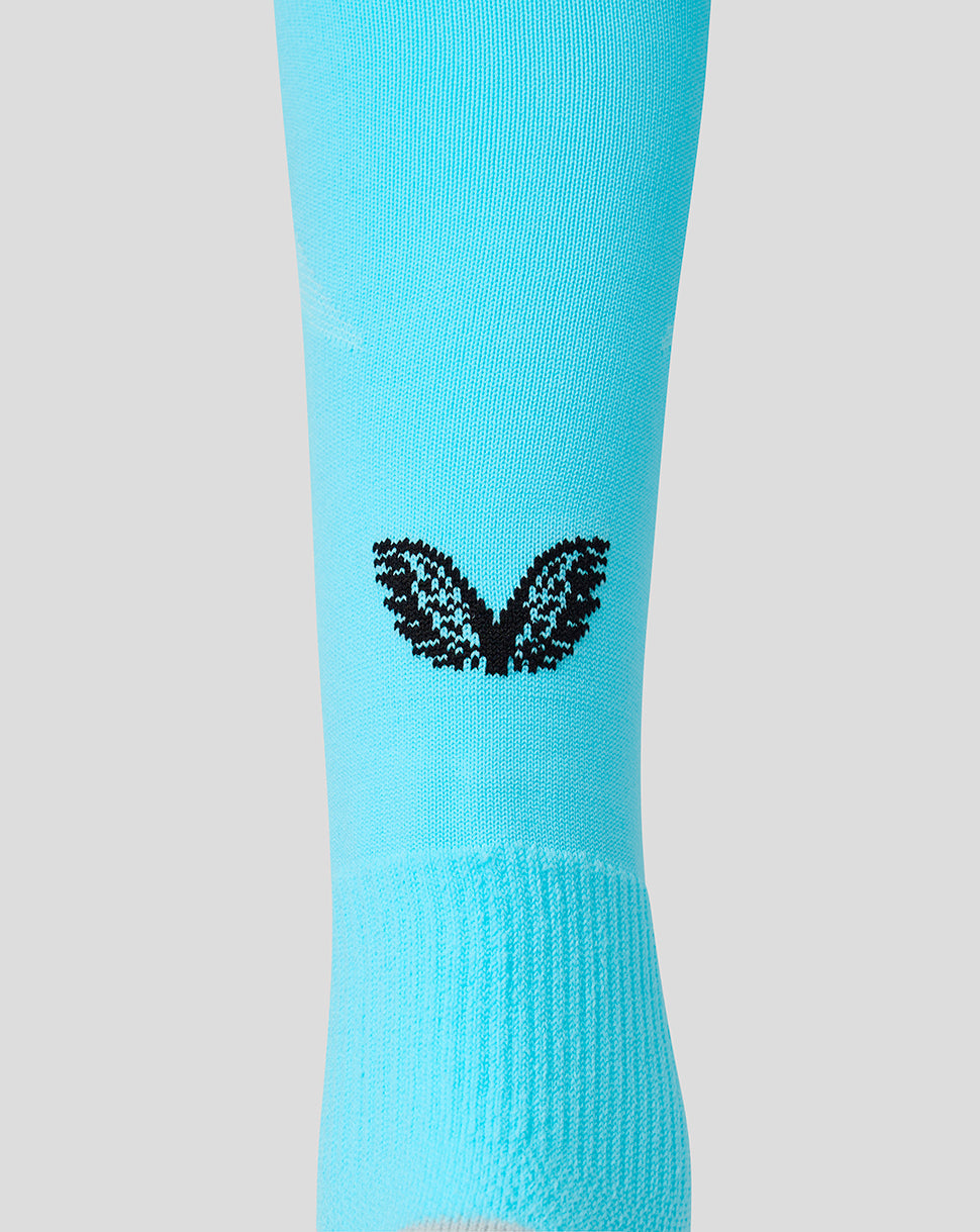 Turquoise sock with a black logo on a light gray background