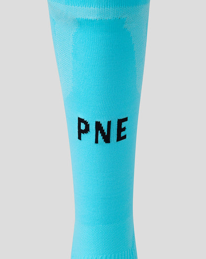 Turquoise sock with 'PNE' text on a light gray background